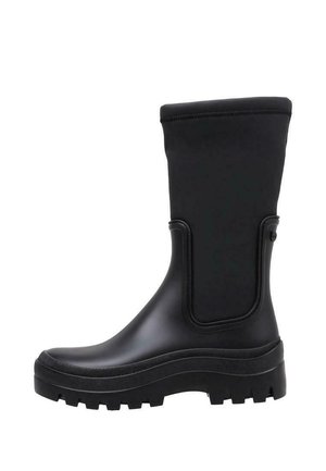 Black waterproof ankle boot with a rubber exterior, textured sole, and a fabric cuff. Features a side panel for easy wear.