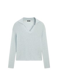 Světlomodrý pletený svetr s výstřihem do V a širokým límcem, s dlouhými rukávy a strukturovaným povrchem. Jednoduchý, čistý design.