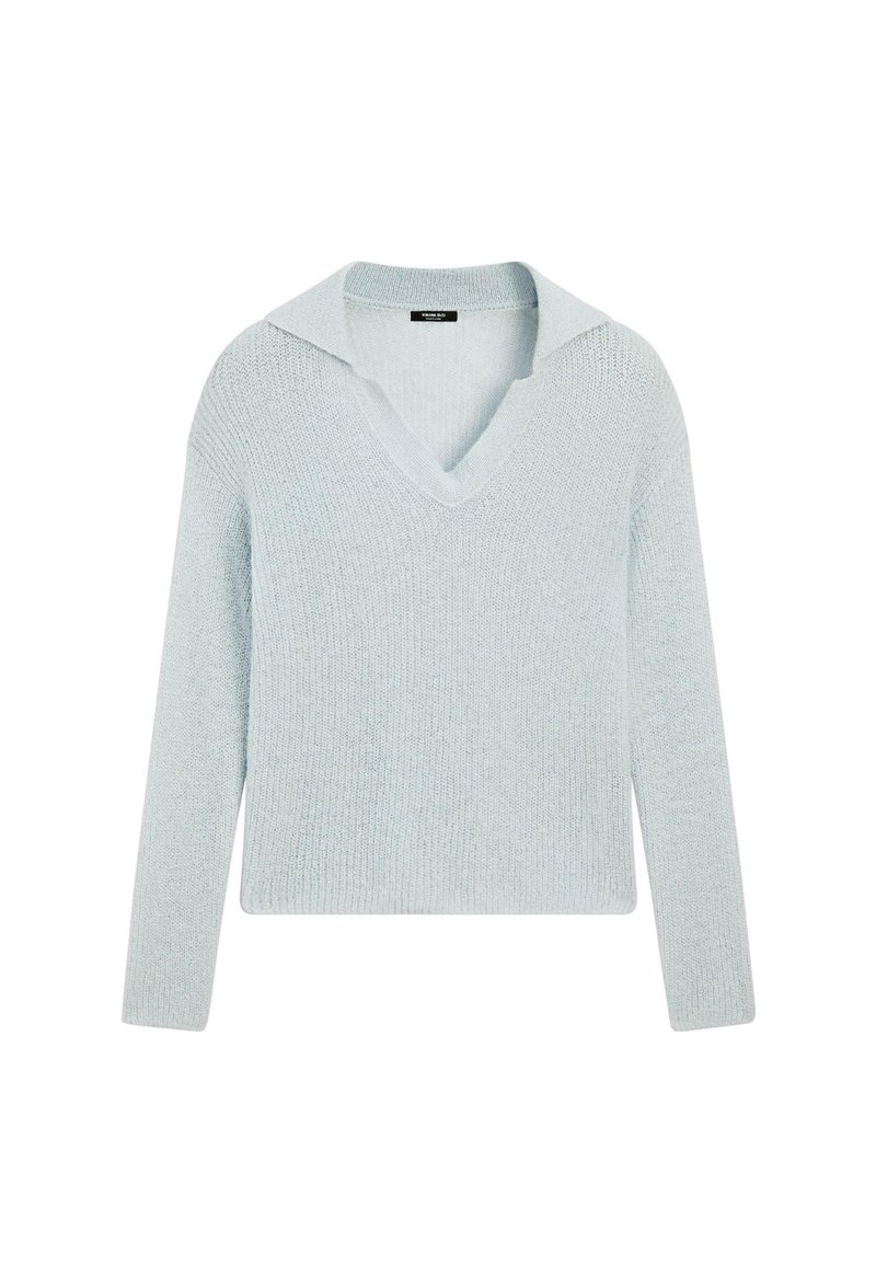 Maglione azzurro chiaro a maglia con scollo a V e collo ampio, caratterizzato da maniche lunghe e una finitura testurizzata. Design semplice e pulito.