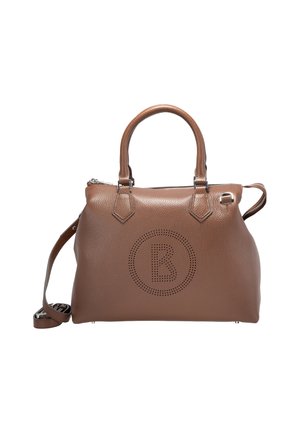Sac à main en cuir marron avec doubles poignées, bandoulière détachable et logo circulaire perforé avec la lettre B à l'avant.