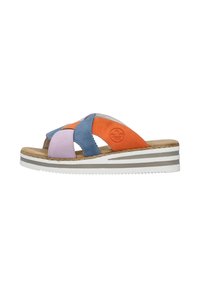 Multicolored sandal with orange, blue, purple, and pink leather straps. Cork footbed, white wedge sole, textured underside for grip.