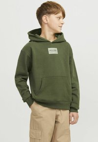 Sudadera verde con un bolsillo tipo canguro y un parche de logo en el pecho. Cuenta con capucha ajustable con cordón y puños acanalados. Dobladillo inferior con puños.