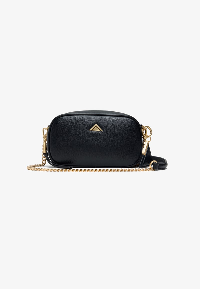 Black faux leather crossbody bag with a gold chain strap, rectangular shape, and a gold triangle detail on the front. Smooth texture.