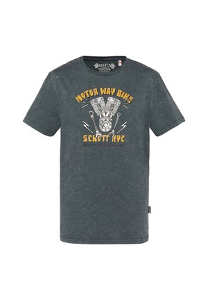T-shirt gris foncé avec un motif graphique jaune et blanc de moteur de moto et le texte « Motor Way Bikes Schott NYC » à l'avant.