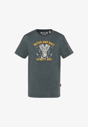 T-shirt gris foncé avec un motif graphique jaune et blanc de moteur de moto et le texte « Motor Way Bikes Schott NYC » à l'avant.