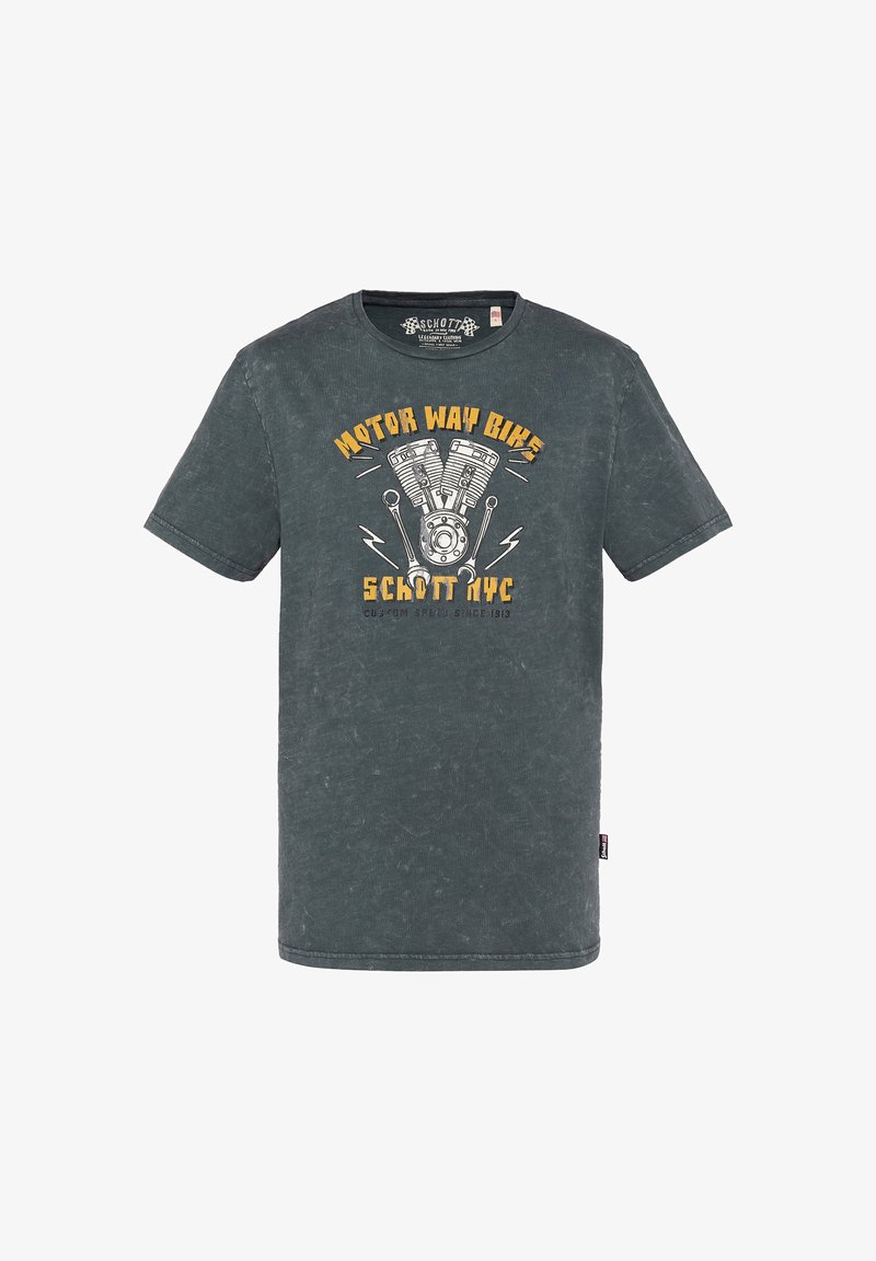 T-shirt gris foncé avec un motif graphique jaune et blanc de moteur de moto et le texte « Motor Way Bikes Schott NYC » à l'avant.