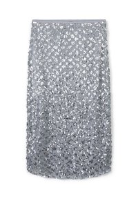 Jupe crayon en paillettes argentées avec une surface texturée, une coupe ajustée et une ceinture en haut, conçue pour une silhouette élégante.