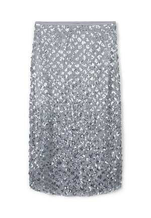 Gonna a matita argento con paillettes, caratterizzata da una superficie testurizzata, una forma aderente e una fascia in vita, progettata per una silhouette elegante.