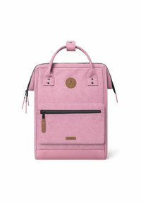 Pink backpack made of faux leather with a rounded top handle, front zip pocket, and branded leather accents. Smooth texture, rectangular design.