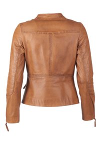 Bruine leren jas met een getailleerd ontwerp, voorzien van een gladde textuur, schoudervulling en ritsmanchetten. Achteraanzicht weergegeven.