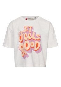 Wit cropped T-shirt met een kleurrijke grafische print met de tekst "It Feels Good" in oranje en roze, korte mouwen en een ronde halslijn.