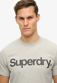 Grå bomulds T-shirt med et fedt sort "Superdry." logo foran. Korte ærmer og en klassisk rund halsudskæring. Glat tekstur.