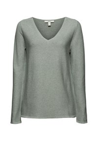 Pull à manches longues en v gris clair, fabriqué en tissu tricoté doux, avec une finition texturée et une coupe décontractée avec des fentes sur les côtés à l'ourlet.