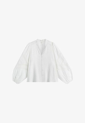 White blouse with a v-neckline, button front, and long puff sleeves featuring lace detailing and gathered cuffs. Soft, textured fabric.