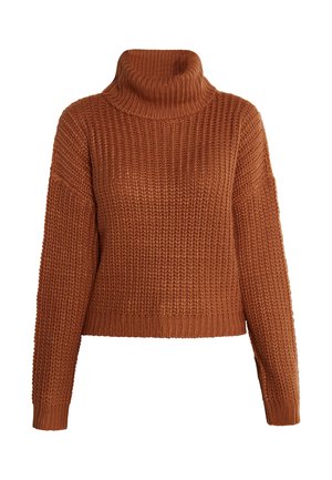 Šiltas, rudos spalvos megztinis su stambiu mezgimo raštu, aukštu kaklu ir laisvu siluetu. Sukurtas su nuleistais pečiais ir raukšlėtais rankogaliais.