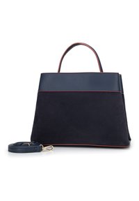 Borsa a mano in suede blu navy con una forma strutturata, caratterizzata da una banda superiore in pelle liscia e piping rosso. Include una tracolla removibile.