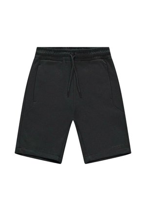 Zwarte katoenen shorts met een elastische tailleband, trekkoord en twee zijzakken. Eenvoudig ontwerp met rechte snit en zonder patronen.