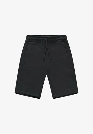 Zwarte katoenen shorts met een elastische tailleband, trekkoord en twee zijzakken. Eenvoudig ontwerp met rechte snit en zonder patronen.
