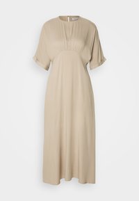 Beige midi šaty s krátkými manžetovými rukávy, kulatým výstřihem, nařasením pod hrudníkem a zapínáním na zip na zádech.