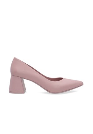 Rosa Lederhighheel mit spitzem Zeh und Blockabsatz. Glatte Textur, minimalistisches Design mit Ausschnitten an den Seiten.