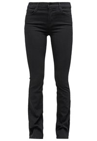 Black jeans made from denim, featuring a slim fit design, five-pocket style, and a zip fly with a button closure. Smooth texture throughout.