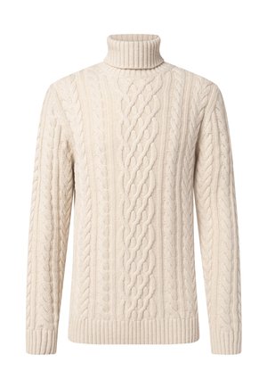 Cremefarbener Pullover mit Zopfmuster, Rollkragen, langen Ärmeln und geripptem Bündchen und Saum auf weißem Hintergrund.