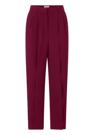 Pantaloni bordeaux con una vestibilità sartoriale, dotati di pence frontali e davanti piatto. Realizzati in tessuto liscio con passanti per cintura e chiusura con zip.