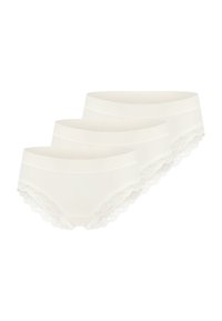 Set de trois culottes hipster blanches en coton, avec un tissu lisse, une dentelle aux bords des jambes et une taille mi-haute.