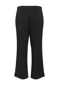 Pantalons noirs évasés en tissu doux et extensible ; dotés d'une taille élastique pour le confort et sans motifs ni accents visibles.