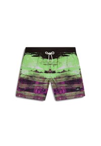 Pantaloni da surf con un motivo astratto verde, viola e nero, caratterizzati da una finitura testurizzata. Include una vita con coulisse e una tasca laterale.