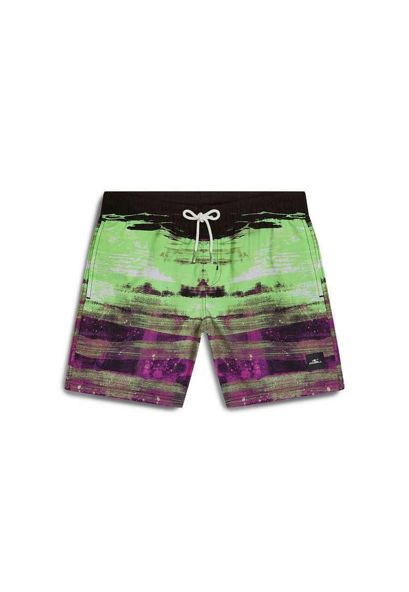 Pantaloni da surf con un motivo astratto verde, viola e nero, caratterizzati da una finitura testurizzata. Include una vita con coulisse e una tasca laterale.