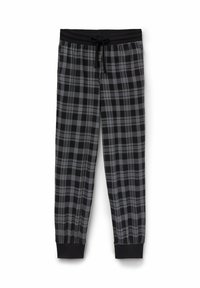 Zwart en grijs geruite pyjamabroek met een elastische tailleband en koord. Boorden bij de enkels. Zachte, geweven stof met een vlakke textuur.