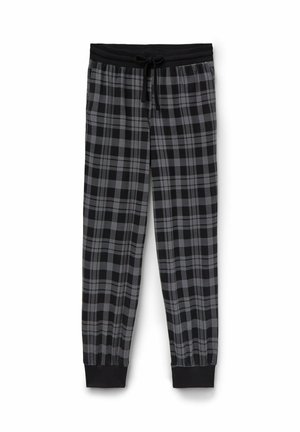 Černé a šedé kostkované pyžamové kalhoty s elastickým pasem a šňůrkou. Manžety na kotnících. Měkká, tkaná látka s hladkým povrchem.