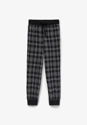 Černé a šedé kostkované pyžamové kalhoty s elastickým pasem a šňůrkou. Manžety na kotnících. Měkká, tkaná látka s hladkým povrchem.