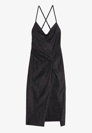 Zwarte metallic jurk met een colhalslijn, geknoopte voorkant en gekruiste spaghetti- bandjes. Lengte tot halverwege de dij en een strakke textuur.