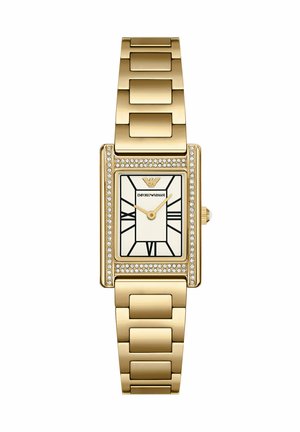 Rechteckige Emporio Armani Uhr in Goldton mit Kristall-Lünette, Zifferblatt mit römischen Zahlen und Metallarmband mit Gliedern.