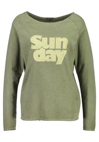 Felpa a maniche lunghe verde oliva con scollatura ampia. Presenta una grafica audace in crema con la scritta "Sunday" sul davanti e orlo sfrangiato.