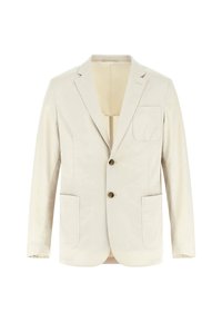 Blazer de color beige claro de algodón, con solapa muesca, dos bolsillos frontales, dos botones y un bolsillo en el pecho. Textura suave.