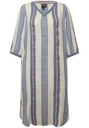 Gestreiftes Tunika-Kleid mit V-Ausschnitt, dreiviertel Ärmeln, blauen, weißen und korallenfarbenen vertikalen Streifen und einem legeren Schnitt.