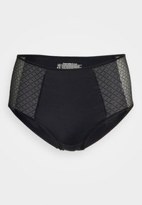Black high-waisted briefs with sheer mesh side panels featuring a diamond pattern. Soft fabric with a smooth texture and elastic waistband.