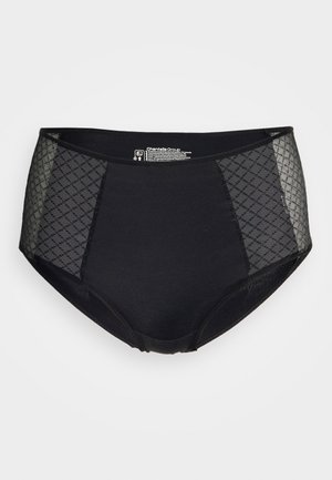 Black high-waisted briefs with sheer mesh side panels featuring a diamond pattern. Soft fabric with a smooth texture and elastic waistband.