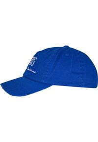 Blue cotton baseball cap with a curved visor, embroidered text on the front, and ventilation holes on the top. Simple and functional design.