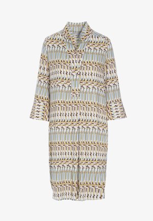 Robe à manches longues avec col montant, fente en V et motif géométrique dans des tons bleu doux, marron, jaune et blanc.