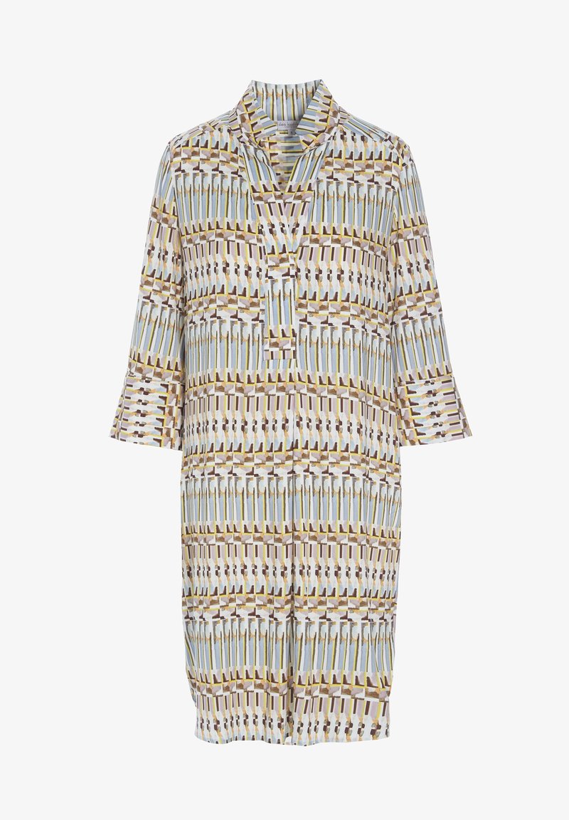 Robe à manches longues avec col montant, fente en V et motif géométrique dans des tons bleu doux, marron, jaune et blanc.