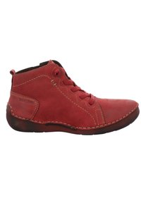Bottine en cuir rouge avec bout arrondi, devant à lacets, coutures contrastées et semelle en caoutchouc flexible. Fini lisse avec des détails texturés.