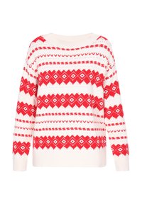 Rot-weißer gestrickter Pullover mit geometrischen Mustern, langen Ärmeln, rundem Ausschnitt und lockerer Passform. Strukturierter Stoff mit kontrastierenden Designs.