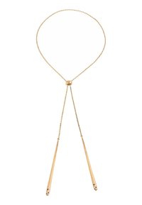 Goldfarbener Lariat-Halskette mit einem glatten runden Verbinder und zwei spitz zulaufenden Ketten, die für eine verstellbare Länge ausgelegt sind.