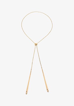 Guldfarvet lariat halskæde med en glat cirkulær connector og to tilspidsede kæder med spidse ender, designet til justerbar længde.