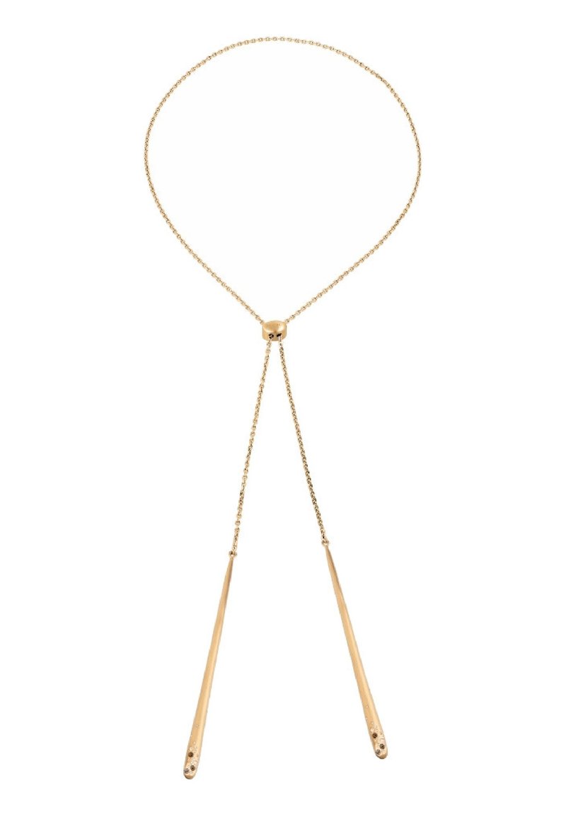 Goldfarbener Lariat-Halskette mit einem glatten runden Verbinder und zwei spitz zulaufenden Ketten, die für eine verstellbare Länge ausgelegt sind.