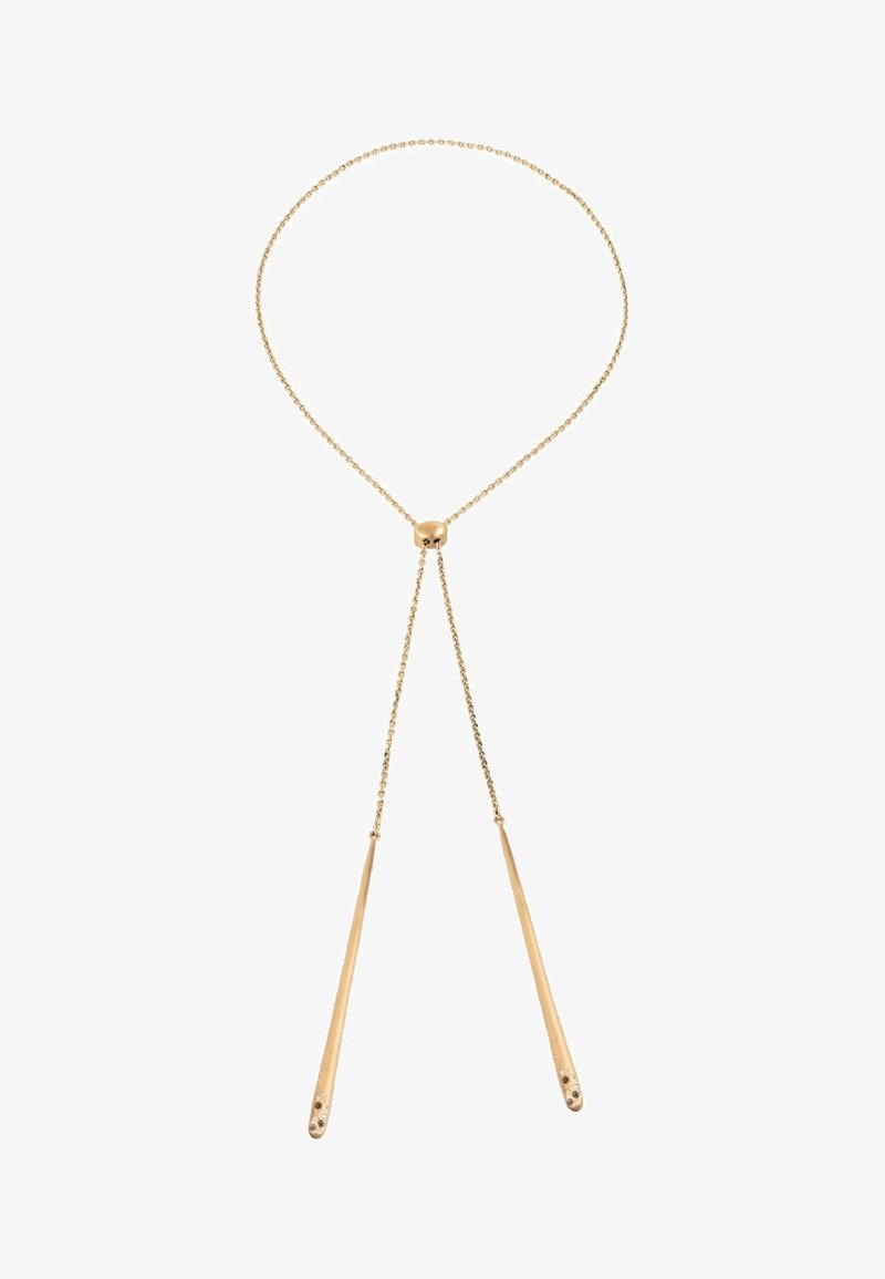 Goldfarbener Lariat-Halskette mit einem glatten runden Verbinder und zwei spitz zulaufenden Ketten, die für eine verstellbare Länge ausgelegt sind.